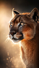 Fototapeta na wymiar Portrait of a puma during golden hour. Beautiful wildlife and family photos, wallpaper, poster created with help of generative ai. 