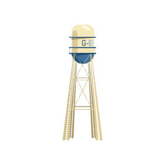 White water tower from metal vector illustration. Watertower or high metal construction with ladder and tank for storage of hydro resource reserve isolated on white background. Water supply concept