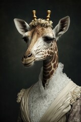  Giraffe dressed up in wedding dress. Generative AI