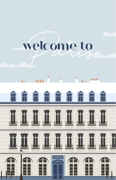 Welcome to paris, ou bienvenue &agrave; Paris, illustration vectorielle avec une fa&ccedil;ade typique parisienne