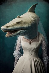  Hammerhead shark dressed up in wedding dress. Generative AI