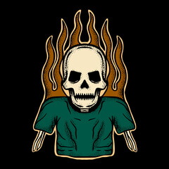 Skeleton fire art Illustration hand drawn style premium vector for tattoo, sticker, logo etc