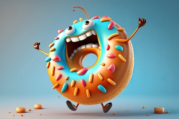 Cartoon of blue chocolate donut character. Generative AI