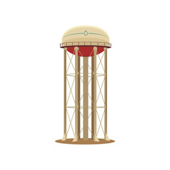 Tall metal construction for storing water vector illustration. Cartoon drawing of water tower for storage of hydro resource reserve isolated on white background. Water supply concept - obrazy, fototapety, plakaty