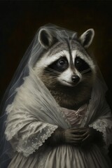  Raccoon dressed up in wedding dress. Generative AI