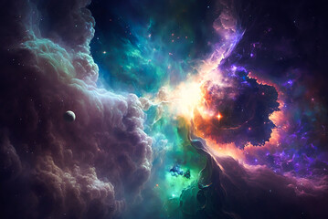 Obraz na płótnie Canvas Glowing mysterious universe background. Colorful nebular galaxy illustration. Generative ai