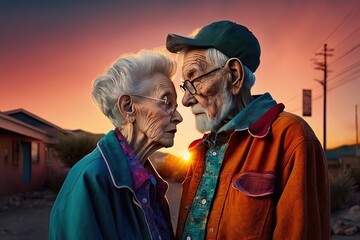 happy old American couple togetherness with morning sunlight, Generative Ai