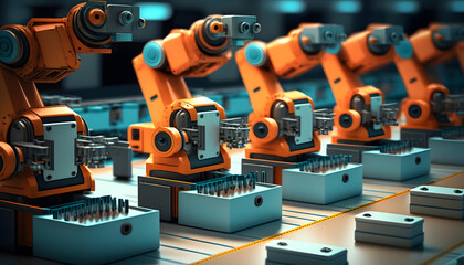 Robotic assembly line: A photo of a line of robots being assembled, showcasing the integration of mechanical, electrical, and software engineering in mechatronics.