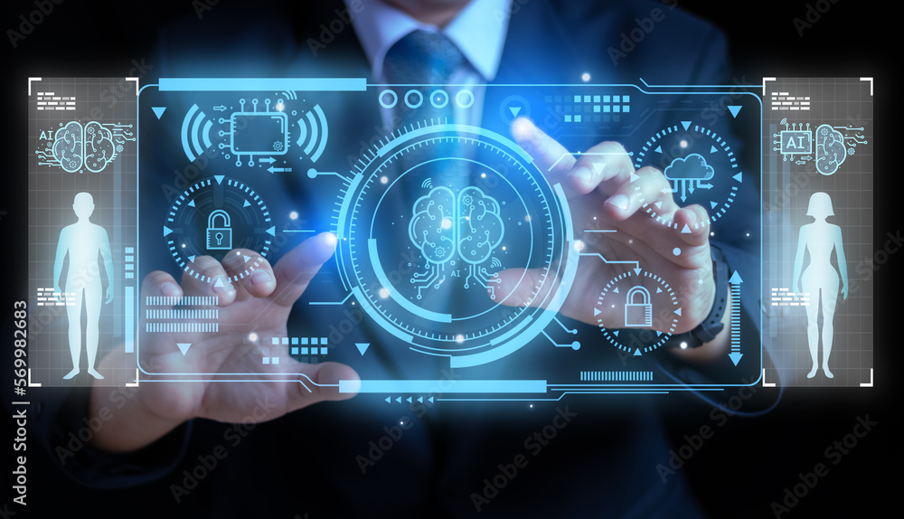 Aufkleber businessman touching the brain working of artificial intelligence (ai) in the futuristic business an