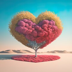 Fototapeta premium Abstract, illustrated landscape of a big beautiful tree in the shape of a heart. Nature changes its shape for love, for Valentine's Day. Generative AI.