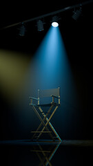 Director chair in dark stage with colorful spotlights on it. 3d rendering.