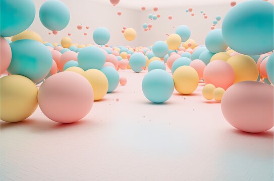 Creative fun concept of colorful helium balloons, balls surprise flying, party is in the air. Pastel pink background. Generative AI.