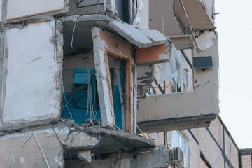 Impact on a high-rise building in the city of Dnipro, Ukraine. A residential building destroyed by an explosion after a Russian missile attack. Consequences of the explosion.