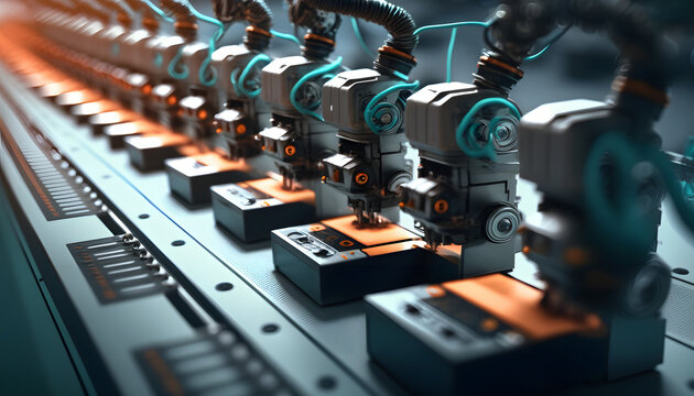Robotic assembly line: A photo of a line of robots being assembled, showcasing the integration of mechanical, electrical, and software engineering in mechatronics.