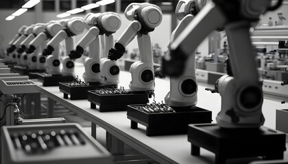 Robotic assembly line: A photo of a line of robots being assembled, showcasing the integration of mechanical, electrical, and software engineering in mechatronics.