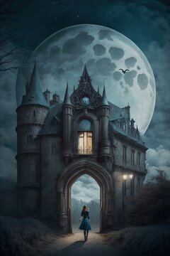 Castle and Big Moon, Fantasy Illustration - AI Generated