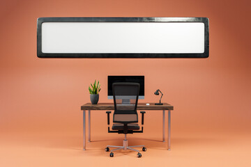 floating empty search box with single office computer workspace discount offer; copy space; orange background;  online ecommerce concept; 3D Illustration