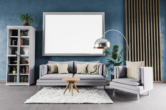 minimalistic modern elegant living room interior with single vintage sofa in front of blue wall and large empty canvas, shelf and white carpet; copy space; 3D Illustration