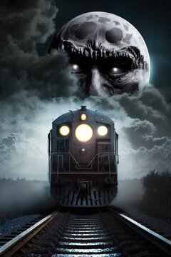 Creepy Moon Peeking Over a Train, Horror --AI Generated