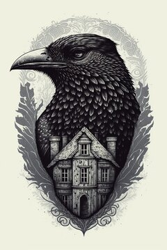 Vector Illustration of a Raven, Crown, And a House, --AI Generated, Gothic