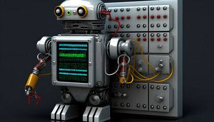 Robot and control panel: A photo of a robot and its control panel, emphasizing the role of software and electrical engineering in controlling and programming robots.