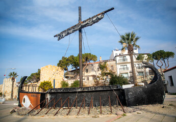 Foca - Izmir - Turkey, January 28, 2023, The replica of an antique boat, the Kybele