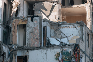 Impact on a high-rise building in the city of Dnipro, Ukraine. A residential building destroyed by an explosion after a Russian missile attack. Consequences of the explosion.