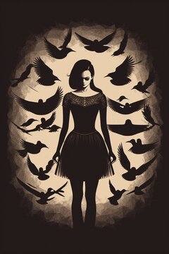 Illustration of a Woman and Black Birds, AI Generated