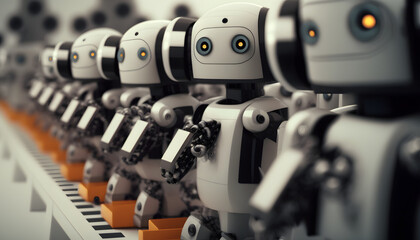 Robotic assembly line: A photo of a line of robots being assembled, showcasing the integration of mechanical, electrical, and software engineering in mechatronics.