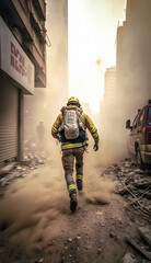 Unrecognizable firefighter running to rescue injured victims under rubble of collapsed buildings by a earthquake in the city. Disaster and emergency help concept. Generative AI.