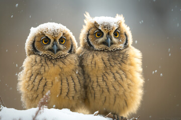 two owls covered with snow sit on a branch