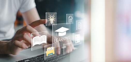 Concept of Online education. man use Online education training and e-learning webinar on internet for personal development and professional qualifications. Digital courses to develop new skills. - obrazy, fototapety, plakaty