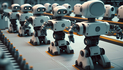 Robotic assembly line: A photo of a line of robots being assembled, showcasing the integration of mechanical, electrical, and software engineering in mechatronics.