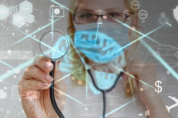 Doctor in futuristic medical concept pressing button