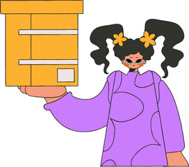 An attractive girl is holding a box in her hands. Parcel and cargo transportation.