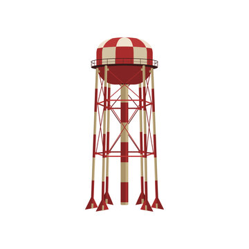 Red and white metal construction for water vector illustration. Cartoon drawing of water tower with container for storage of hydro resource reserve isolated on white background. Water supply concept