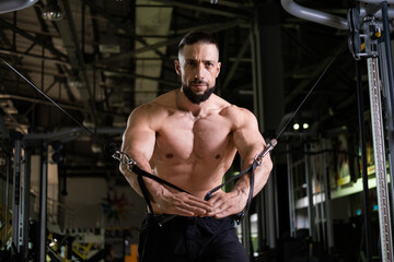 Fototapeta na wymiar A handsome muscular man with a beard does a cable machine exercise. Sports, healthy lifestyle