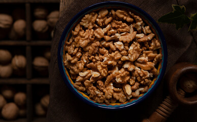 Peeled walnuts in rustic style