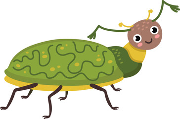 Cute green bug with happy face. Funny insect