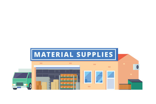 Vector small shop material store warehouse building flat design illustration