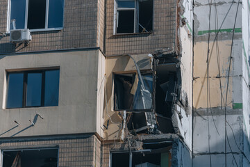 Impact on a high-rise building in the city of Dnipro, Ukraine. A residential building destroyed by...
