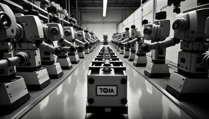 Robotic assembly line: A photo of a line of robots being assembled, showcasing the integration of mechanical, electrical, and software engineering in mechatronics.