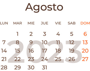 Calendar month august in spanish year 2023. - obrazy, fototapety, plakaty