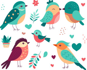 set of cartoon bird on plant background isolated, vector