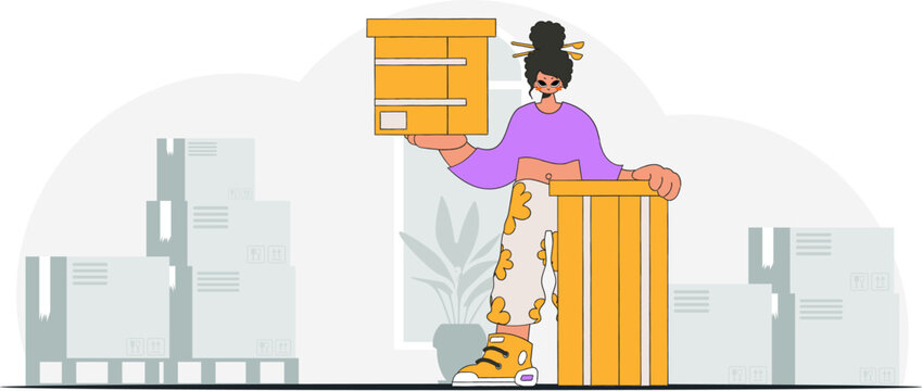 Charming woman holding boxes in her hands. A graphic representation of the dispatch of consignments and cargo