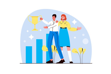 Blue concept Business success with people scene in the flat cartoon design. Employees are happy for the successful development of the business.