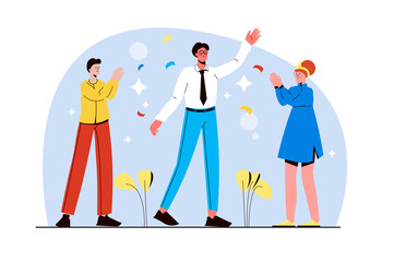 Team congratulates colleague blue concept with people scene in the flat cartoon design. Employees congratulate their colleague on the holiday.
