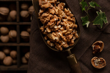 Peeled walnuts in rustic style