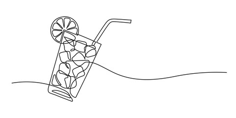 Glass of lemonade, or cocktail with lemon. Continuous line drawing