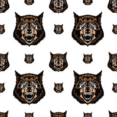 Fototapeta premium Seamless pattern of hand drawn sketch style colored wolf head. Vector illustration isolated on white background.